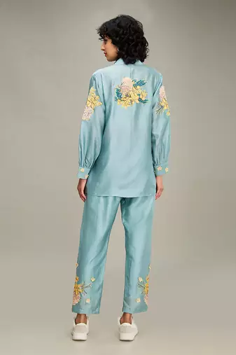 Blue zinnia applique co ord set with jacket