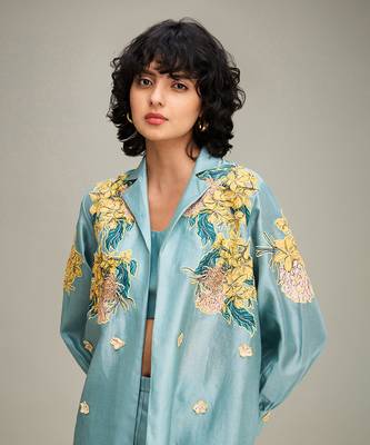 Blue zinnia applique co ord set with jacket 5