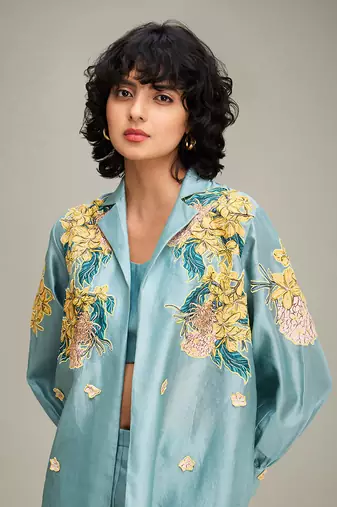 Blue zinnia applique co ord set with jacket