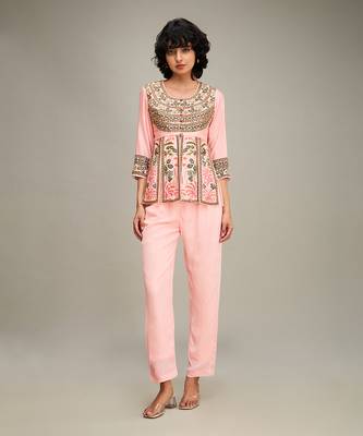 Pink mehr embroidered peplum top with pants 1
