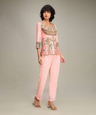 Pink mehr embroidered peplum top with pants 2