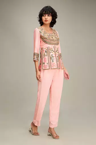 Pink mehr embroidered peplum top with pants