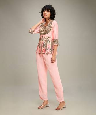 Pink mehr embroidered peplum top with pants 3