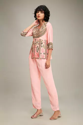Pink mehr embroidered peplum top with pants