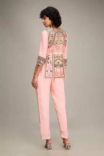 Pink mehr embroidered peplum top with pants