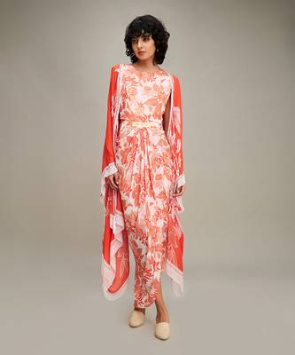 Red ahyana printed drape dress with cape 1