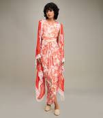 Red ahyana printed drape dress with cape