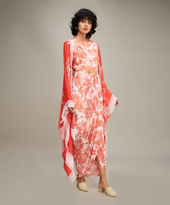 Red ahyana printed drape dress with cape 2