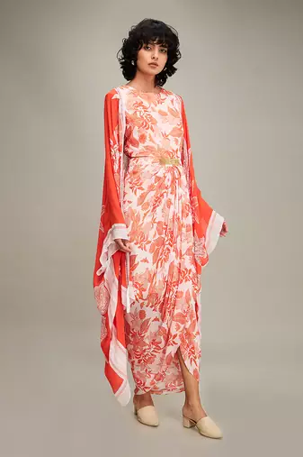 Red ahyana printed drape dress with cape