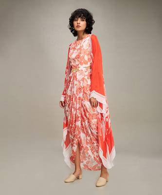 Red ahyana printed drape dress with cape 3