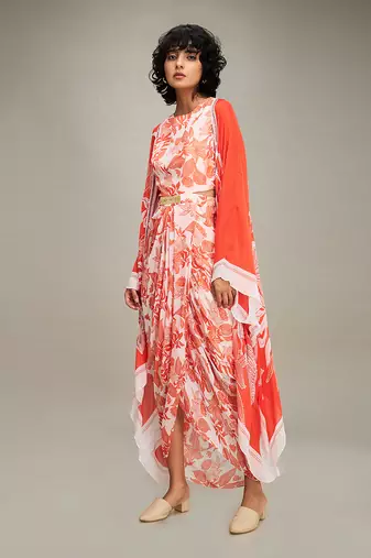 Red ahyana printed drape dress with cape