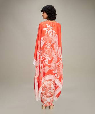 Red ahyana printed drape dress with cape 4