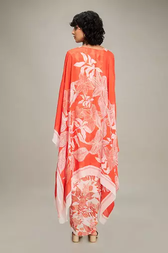Red ahyana printed drape dress with cape