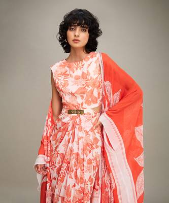 Red ahyana printed drape dress with cape 5