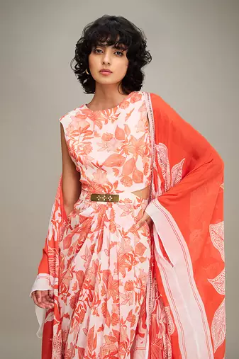 Red ahyana printed drape dress with cape