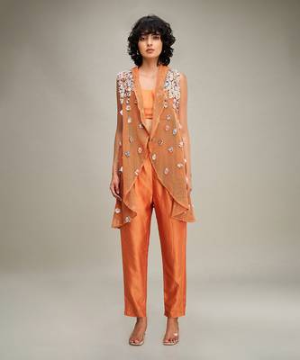 Orange embellished co ord set with cape 1