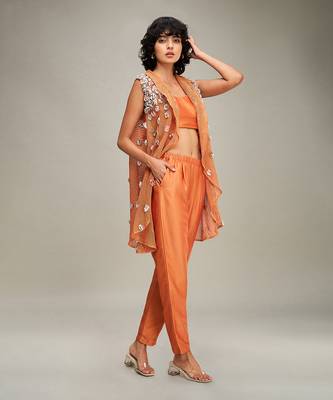 Orange embellished co ord set with cape 2