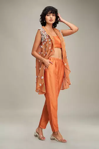 Orange embellished co ord set with cape