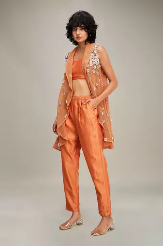 Orange embellished co ord set with cape