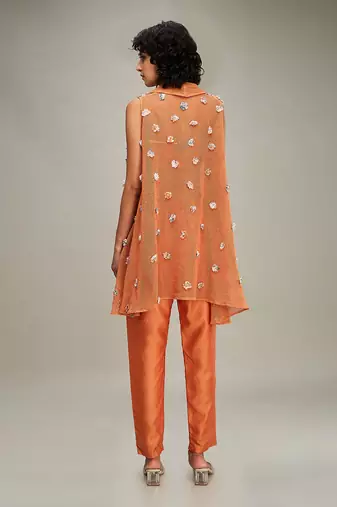Orange embellished co ord set with cape