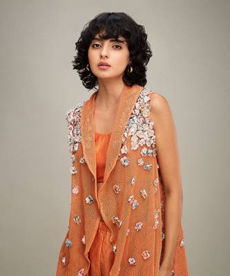 Orange embellished co ord set with cape 5
