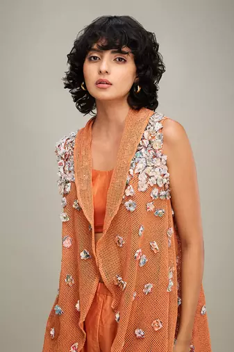 Orange embellished co ord set with cape