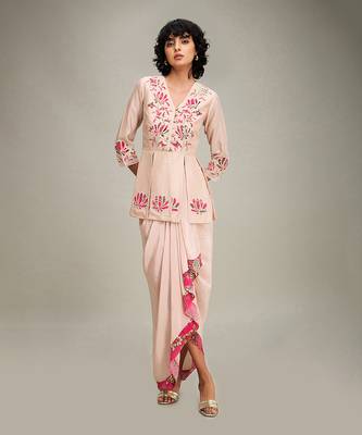 Pink mehr applique paneled top with drape skirt 1