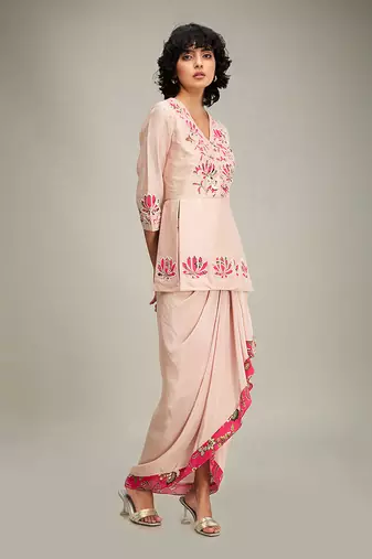 Pink mehr applique paneled top with drape skirt
