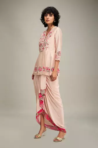 Pink mehr applique paneled top with drape skirt