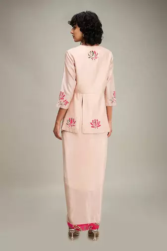 Pink mehr applique paneled top with drape skirt