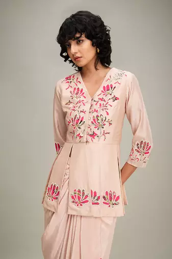 Pink mehr applique paneled top with drape skirt