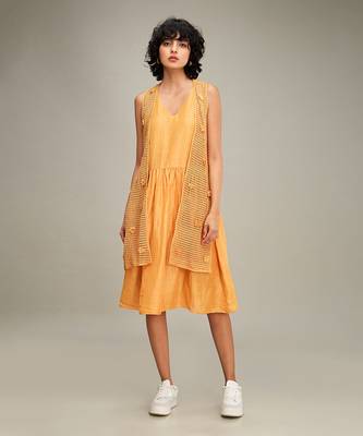 Orange floral applique gathred dress with jacket 1
