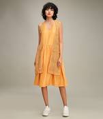 Orange floral applique gathred dress with jacket