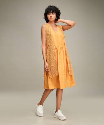 Orange floral applique gathred dress with jacket 2