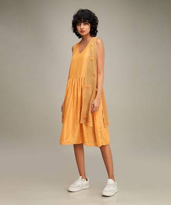 Orange floral applique gathred dress with jacket 3