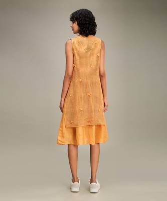 Orange floral applique gathred dress with jacket 4