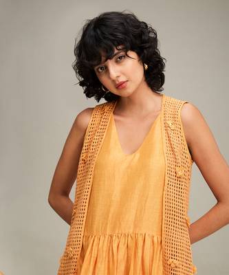 Orange floral applique gathred dress with jacket 5