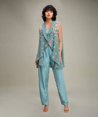 Green conversational embellished co ord set with cape 1