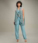 Green conversational embellished co ord set with cape