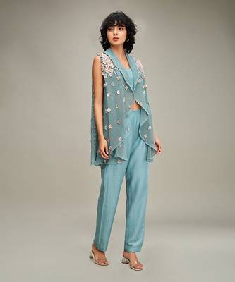 Green conversational embellished co ord set with cape 2
