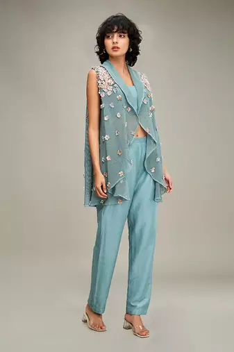 Green conversational embellished co ord set with cape