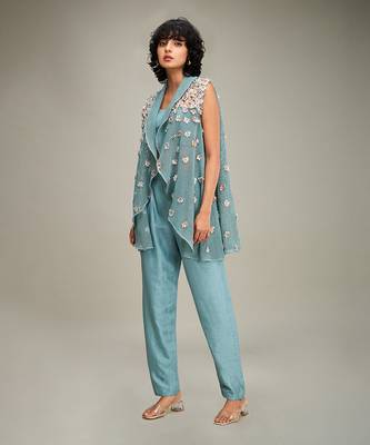 Green conversational embellished co ord set with cape 3