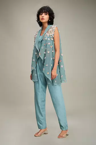 Green conversational embellished co ord set with cape