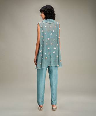 Green conversational embellished co ord set with cape 4