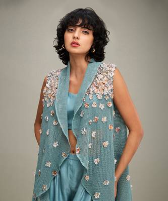 Green conversational embellished co ord set with cape 5