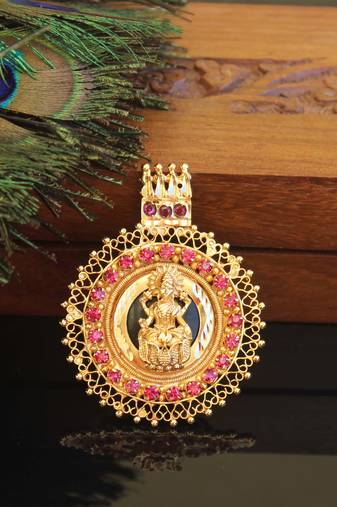 Kerala style gold plated palakka temple ruby pendant