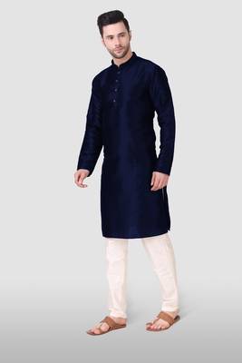 Navy Blue Woven Art Silk Stitched Kurta Pajama 5