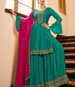Green Embroidered Art Silk Semi Stitched Straight Suit Up To 42" Size