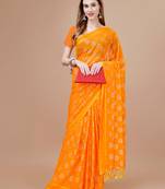 Yellow  Chiffon Silk Foil Print Lace Tassels  Gola Print With Blouse
