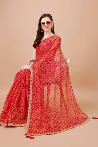 Yellow Georgette Bandhani Print With Embroidered Work  With Blouse.